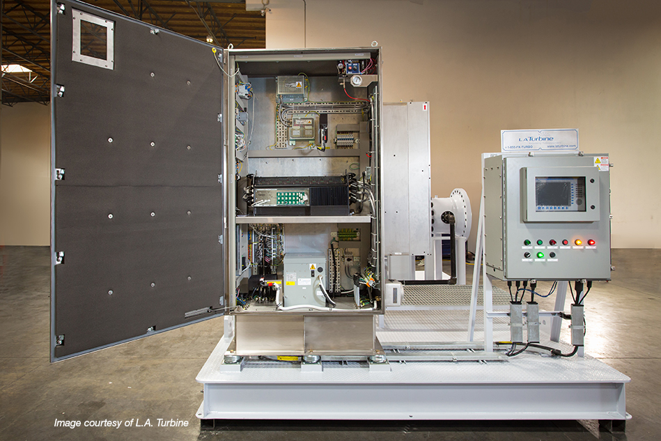 L.A. Turbine ARES AMB turboexpander-compressor with a look inside the skid-mounted magnetic bearing controller (Image courtesy of L.A. Turbine)